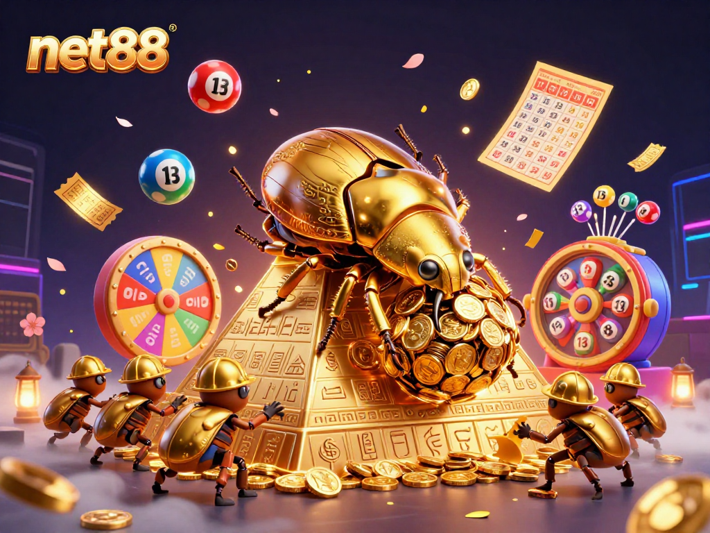 Experience the thrill with net88 as golden beetles roll coins and lottery balls dance!