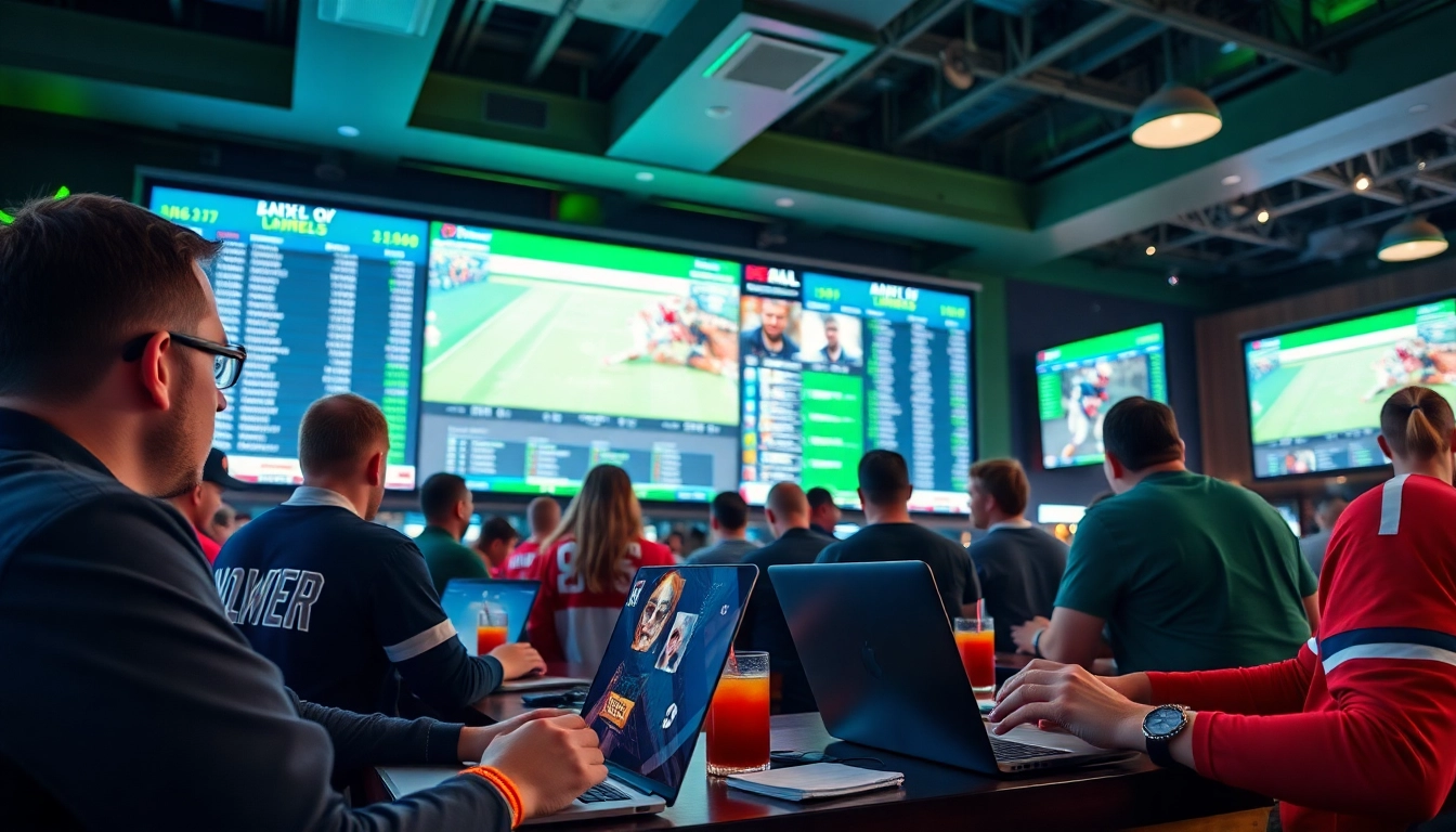 Bettors engaging in Sports Betting with live odds displayed in a vibrant sportsbook environment.