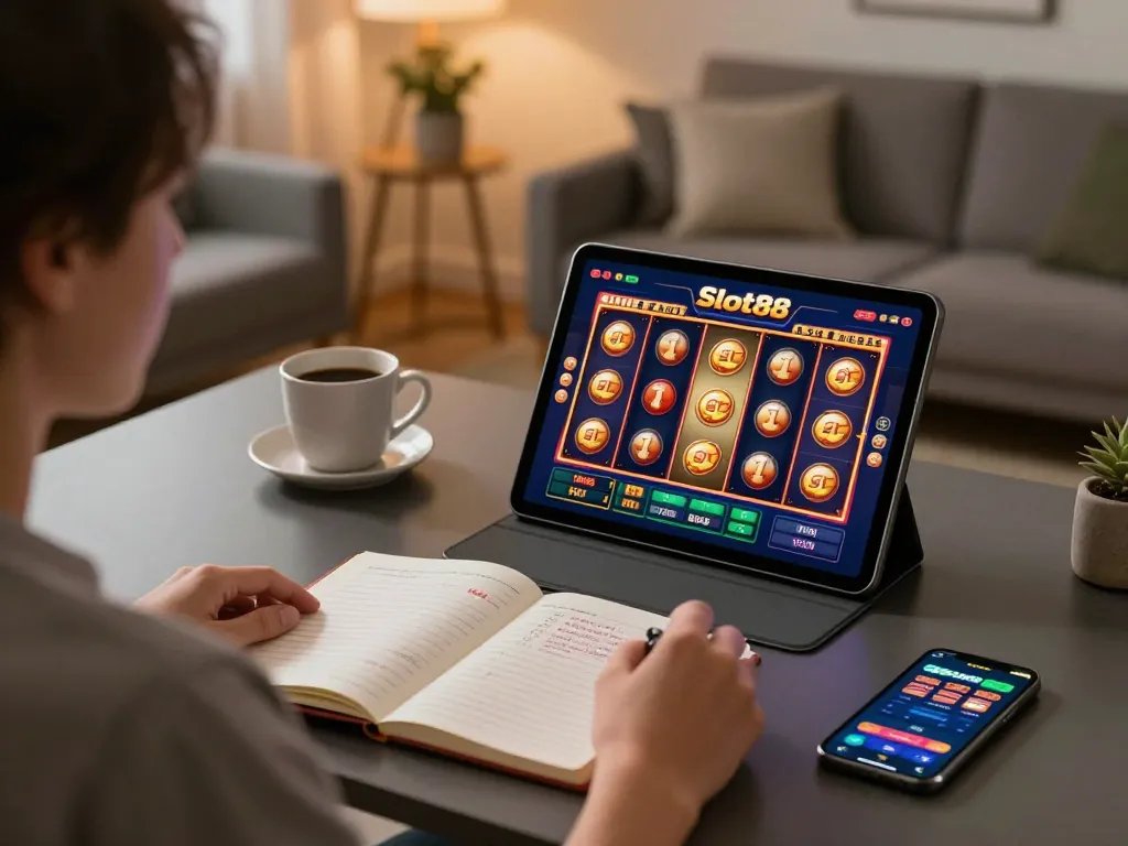 Engaging Slot88 gameplay on a tablet, showcasing a modern home gaming setup.