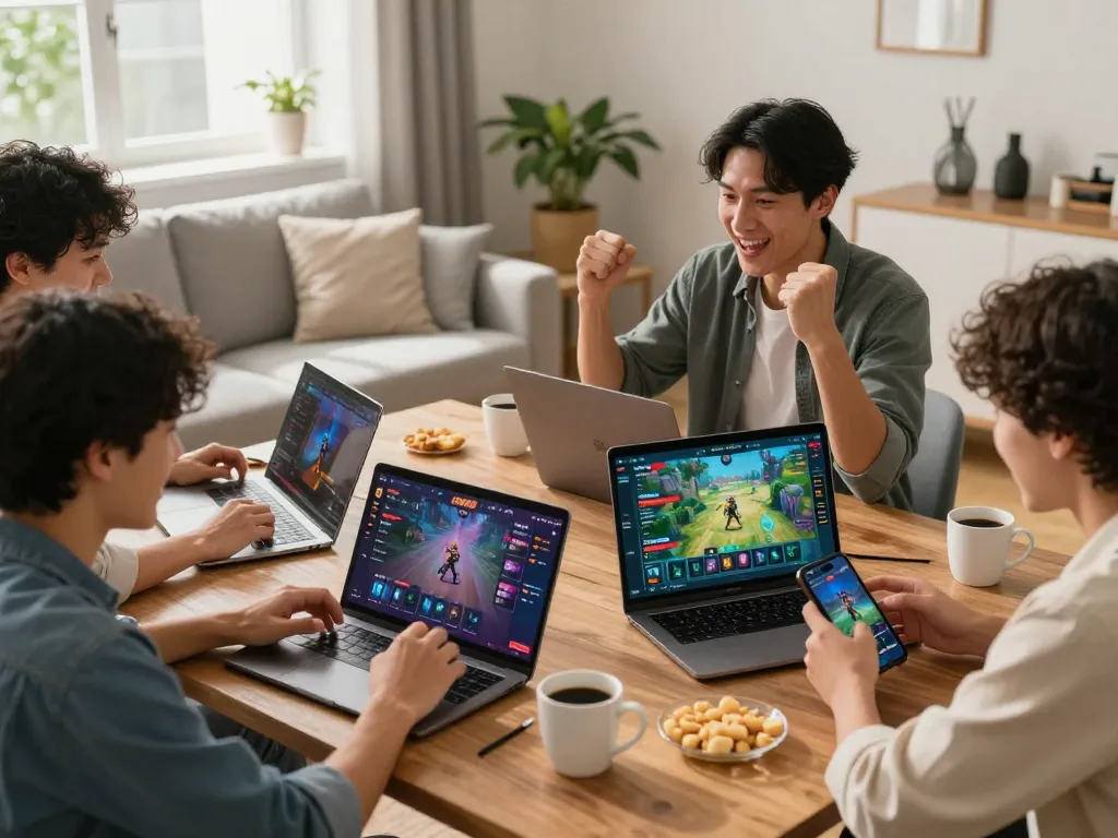 Engaged players enjoying the af88 game, showcasing vibrant online gaming interaction in a lively home setting.