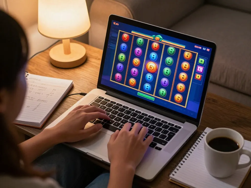 Engaging online gameplay at home with gacor slot reels showing winning potential and strategic notes.