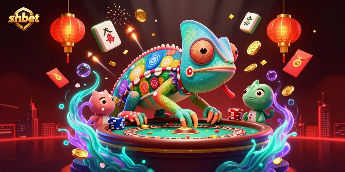 Engage with vibrant shbet casino visuals, featuring a chameleon owner and festive gaming elements.