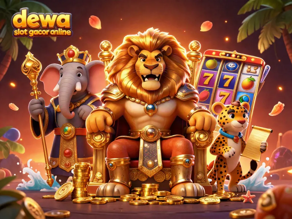 Permainan dewa slot gacor online yang seru dengan simbol slot, raja singa, dan harta karun emas.