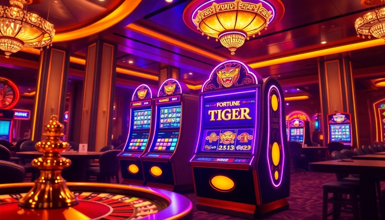 Engage with Fortune Tiger for real money, showcasing colorful slot machines and vibrant casino action.