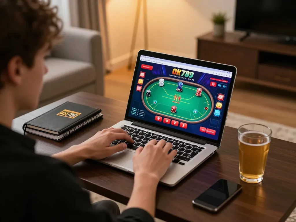 Engaging in strategic online poker gameplay on OK789 website from a cozy home setup