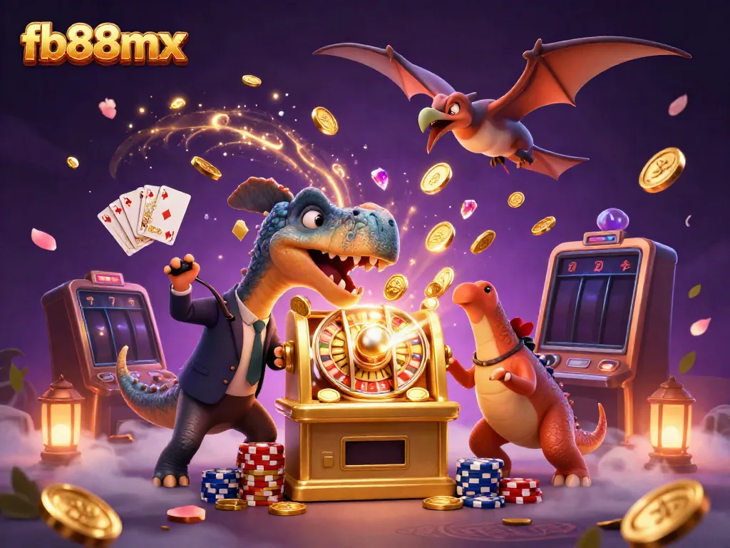 fb88mx presents a vibrant 3D scene of dinosaurs winning big at a casino with cascading coins.