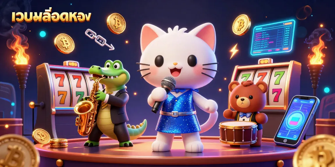 Play slot games with เว็บสล็อตตรง while enjoying a vibrant casino scene featuring animated musical characters.