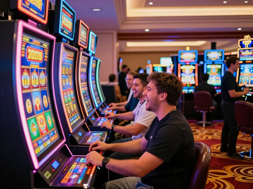 Spinadvisor players enjoying slot machines in a lively casino, celebrating wins amidst bright lights and excitement.