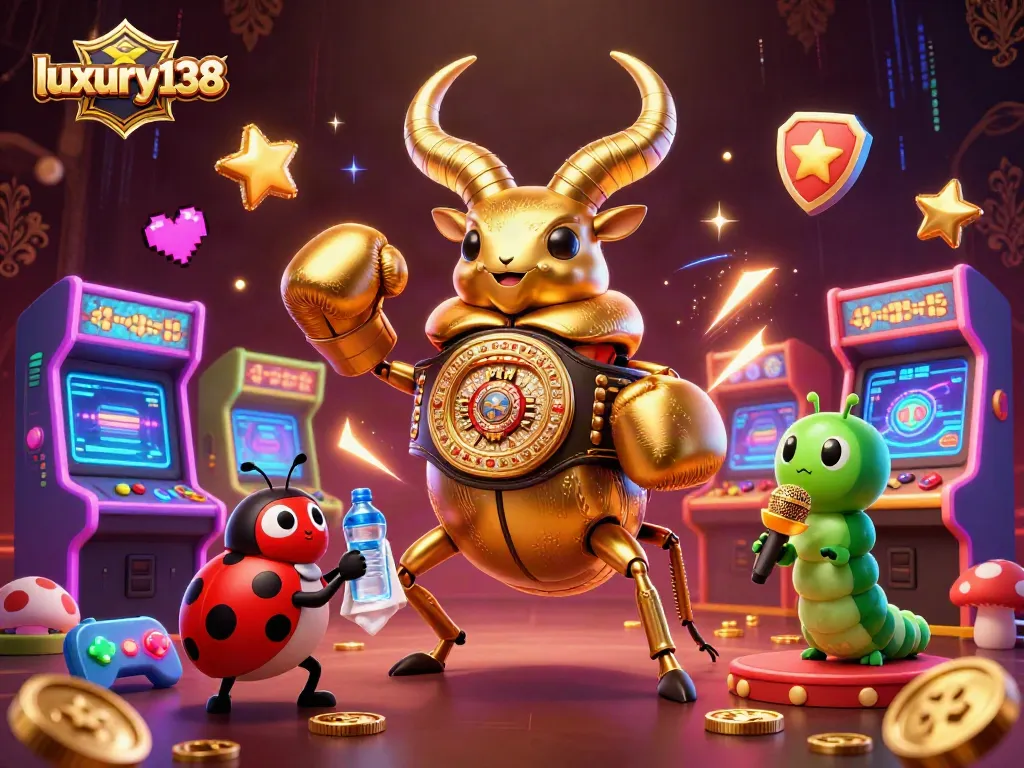 Experience the action at luxury138 with an energetic showdown featuring a colossal golden stag beetle and gaming elements.