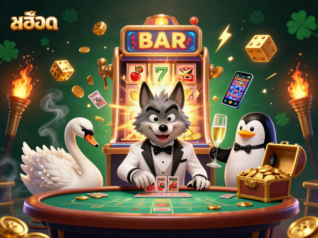 Spin the สล็อต slot machine for big wins as a debonair wolf plays cards in style.
