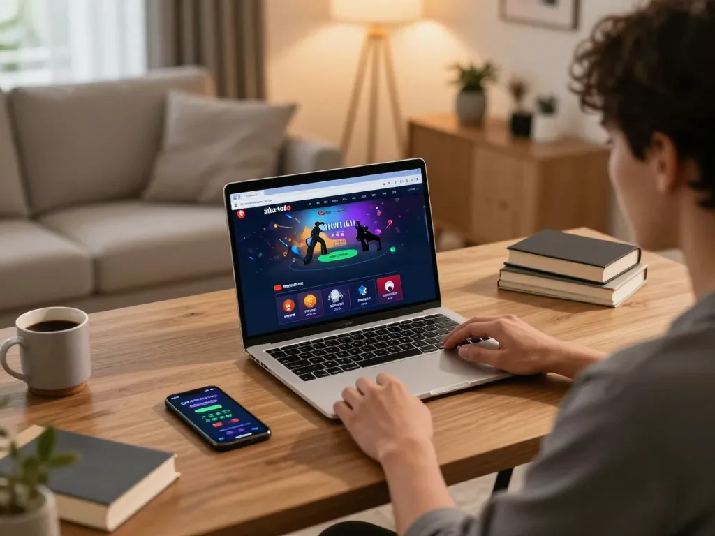 Terlibat dalam permainan situs toto online dengan laptop di rumah, menampilkan taruhan strategis.