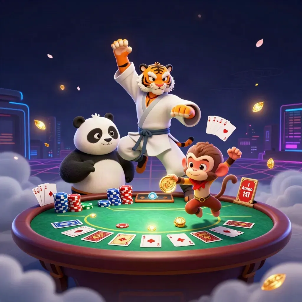 Tiger, panda, and monkey in kung-fu poker key art with chips, gold, and neon green glow.