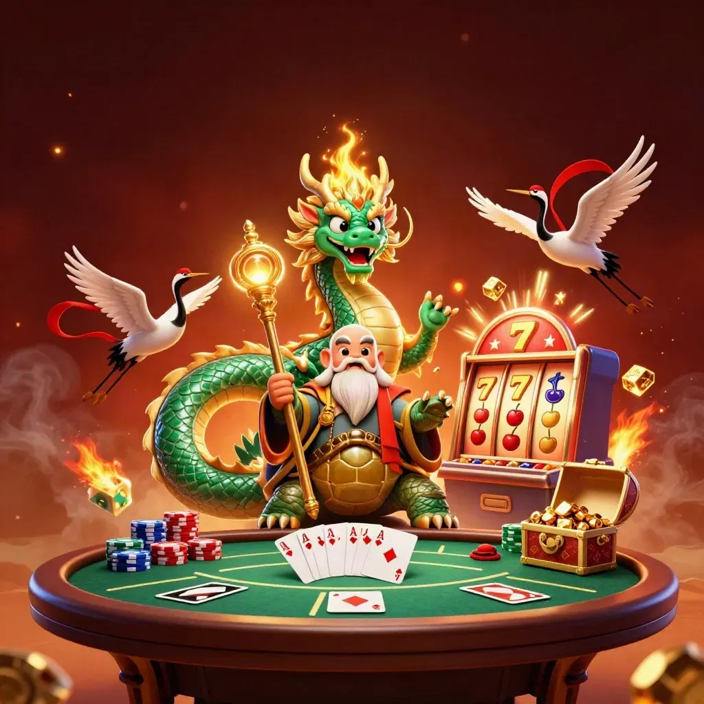 Emerald dragon, turtle sage, cranes, slot burst, gold fire, poker table and treasure on dark ember background.
