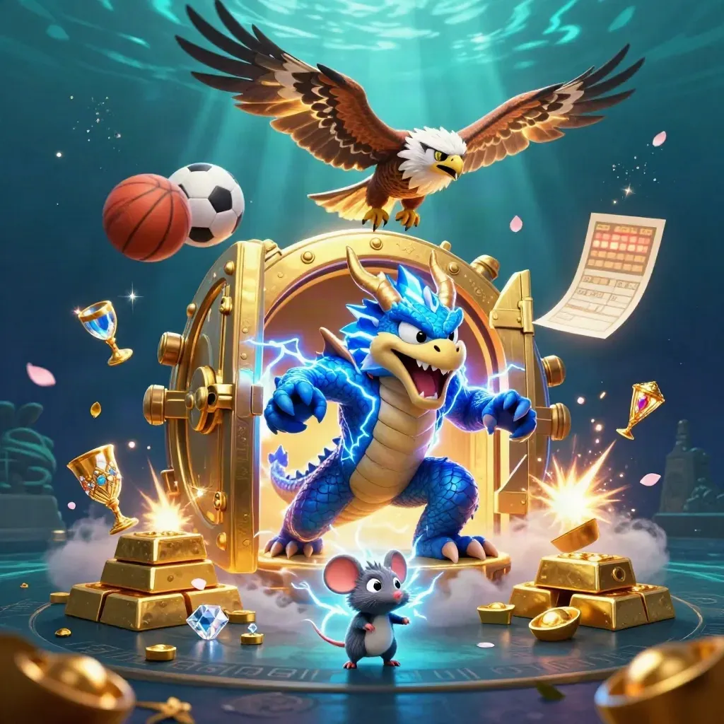 Thunder dragon, wind hawk, and static mouse burst around a vault door with sports balls and gold.