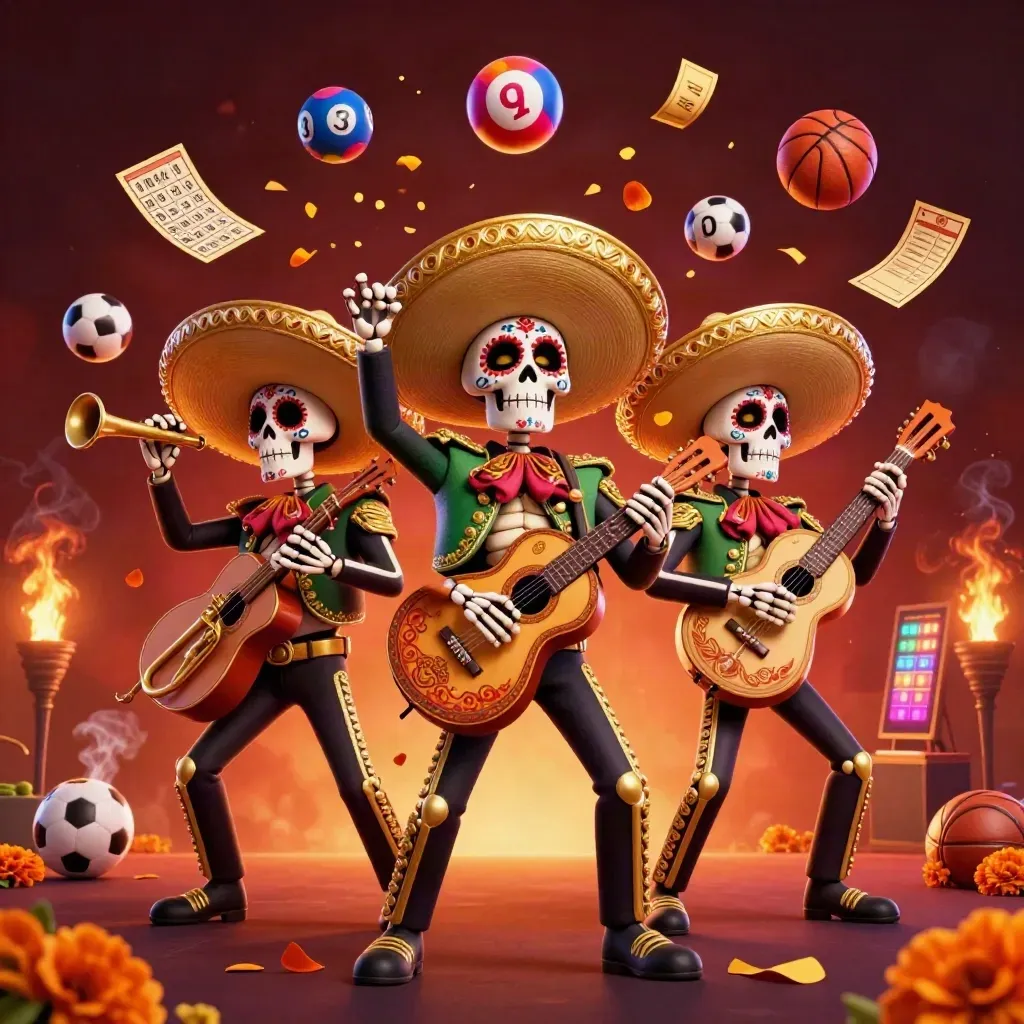 Skeleton mariachi trio amid casino game props, embers, marigolds, and fiery red glow.