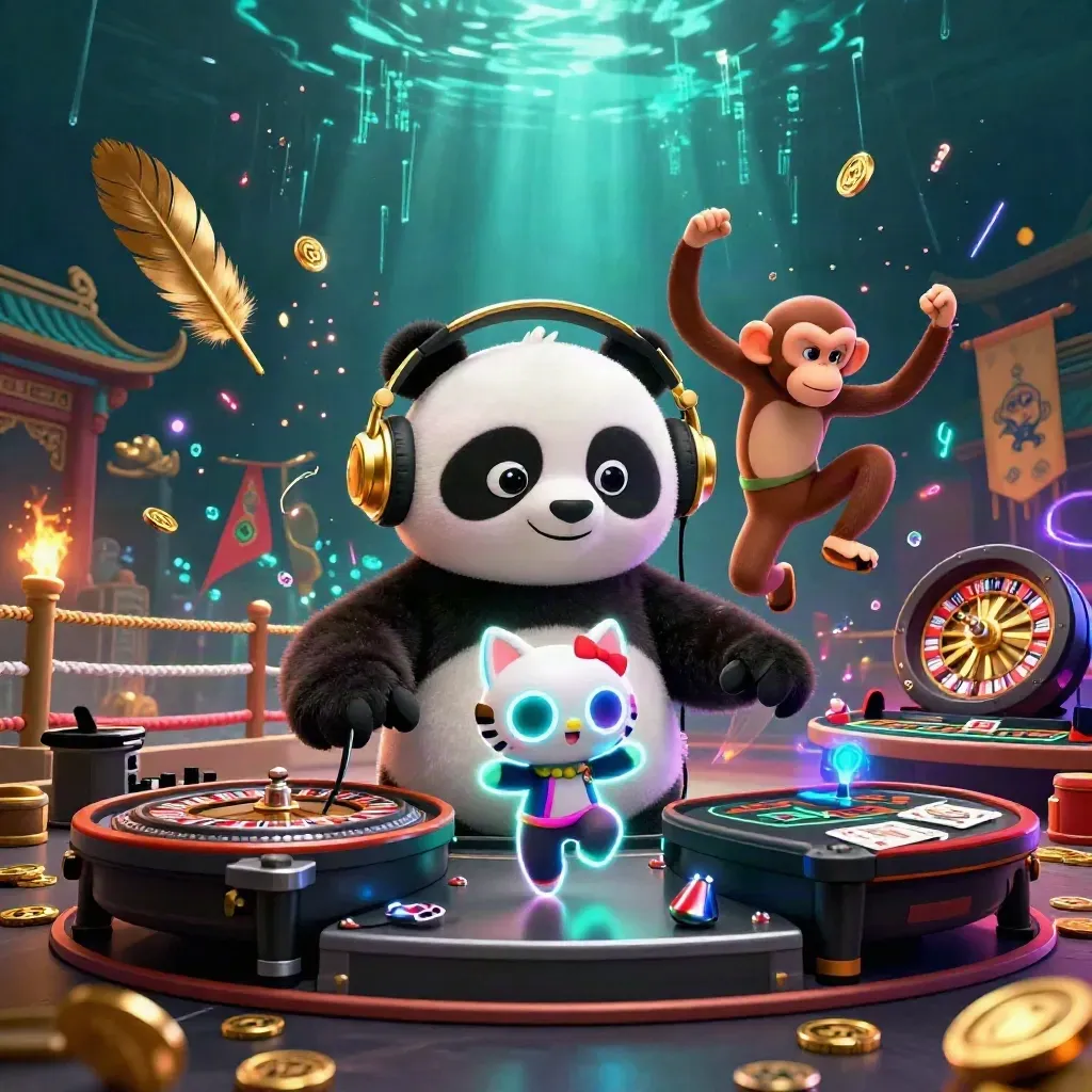 DJ panda, breakdancing monkey, and glow-kitten in a luxe neon casino scene with gold and smoke.