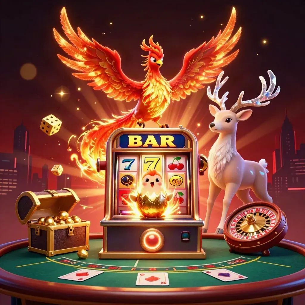 Phoenix trio and casino riches in a luxe dark-red mobile game splash scene