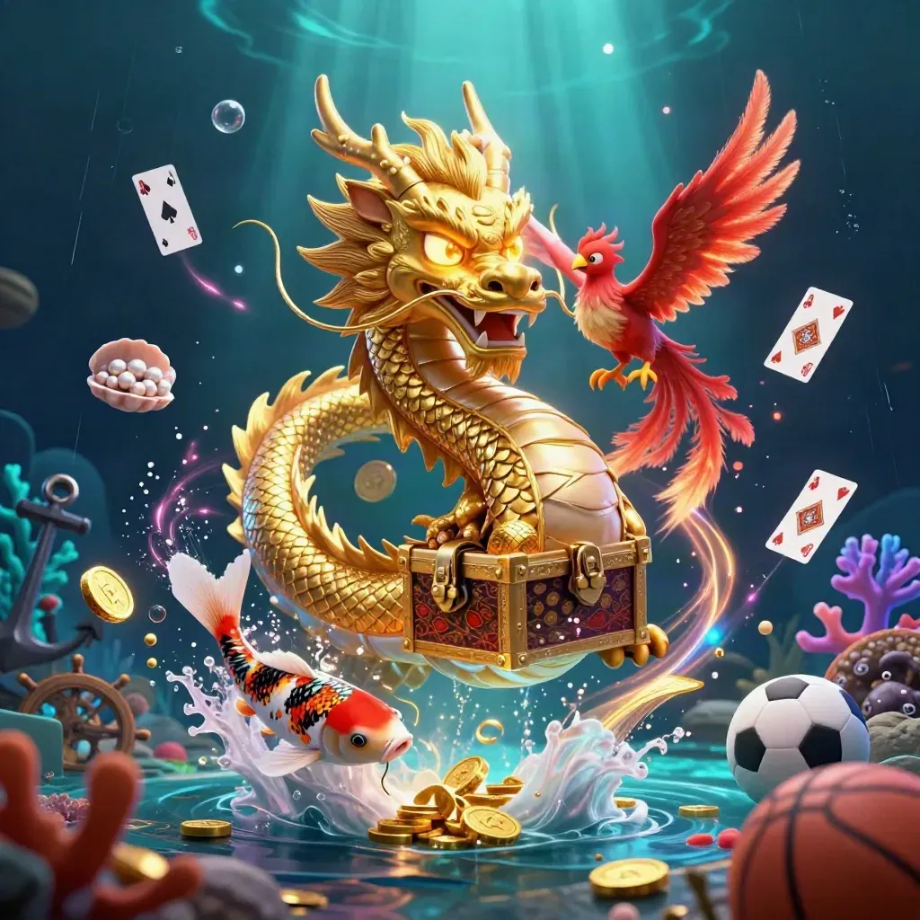 Golden dragon and phoenix in an underwater treasure cove with coins, cards, balls, and glowing light