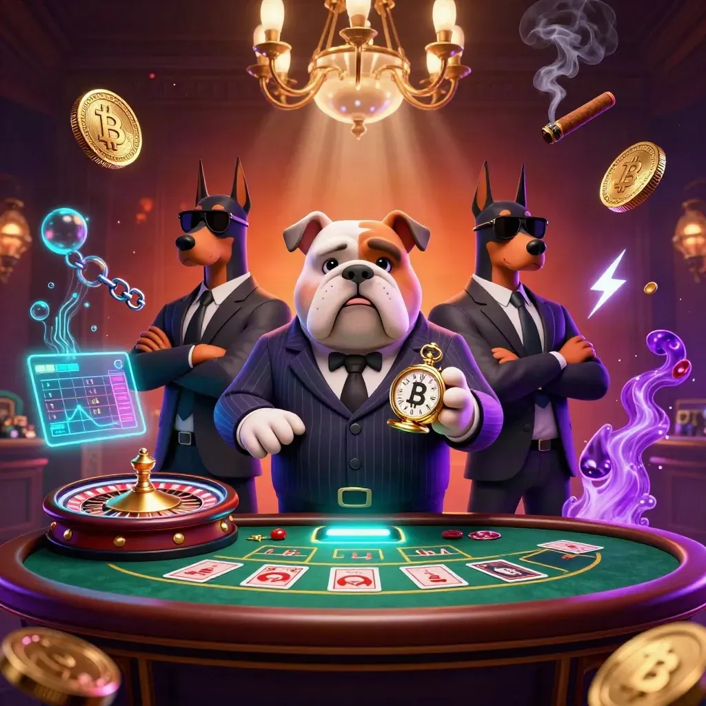 Mafia bulldog and Dobermans amid neon casino glam, roulette glow, ember smoke, and jewel-lit effects