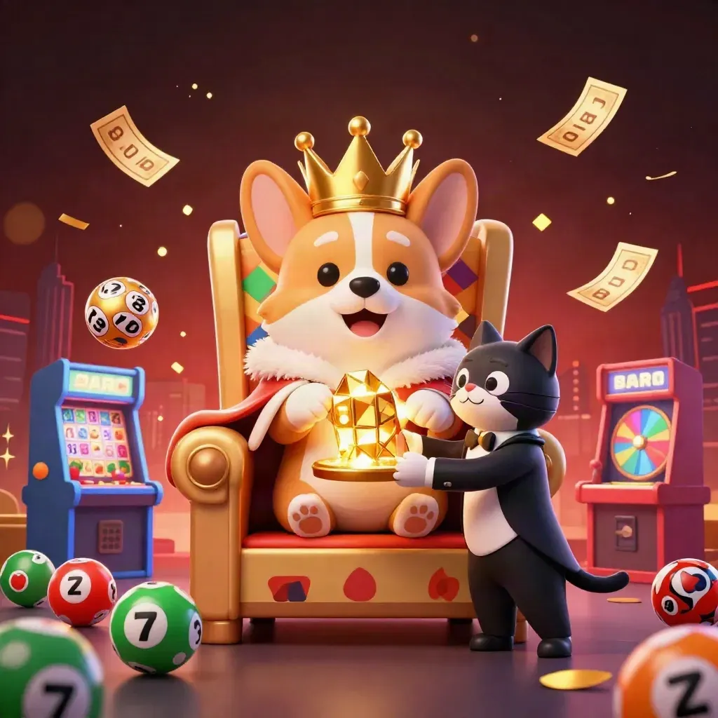Royal corgi and cat butler amid casino bursts, gold crowns, chips, balls, reels, and glowing effects.