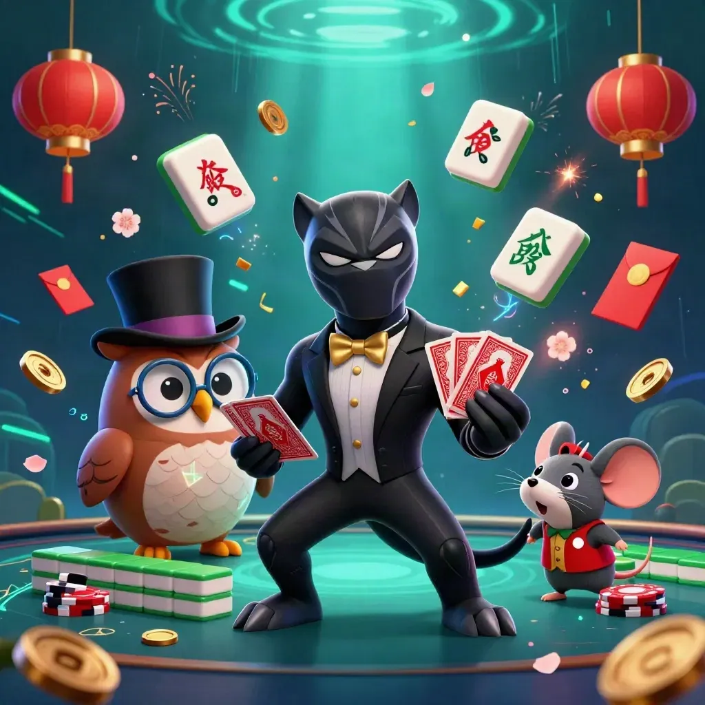 Panther, owl, and mouse casino heroes amid lanterns, coins, and neon energy underwater.