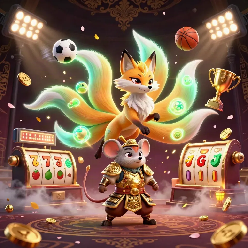 Nine-tailed fox spirit and samurai mouse amid casino balls, gold, and neon cherry effects