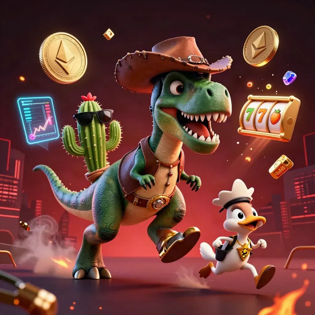 Cowboy T-Rex, cactus sidekick, and sheriff roadrunner erupt amid coins, lightning, and casino flames.
