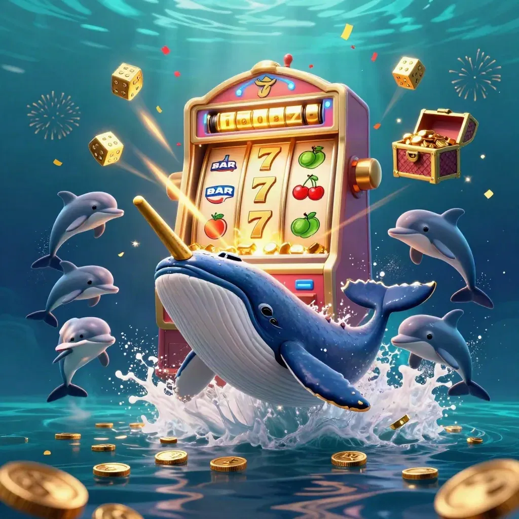 Whale captain, narwhal, and dolphins burst from coins amid casino treasure underwater.