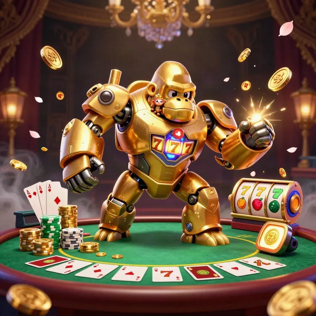Golden gorilla mech with monkey pilot, poker table, chips, aces, and casino glow.