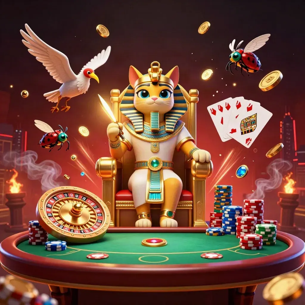 Pharaoh cat on a golden throne with ibis scribe, scarabs, coins, chips, and a spinning roulette wheel