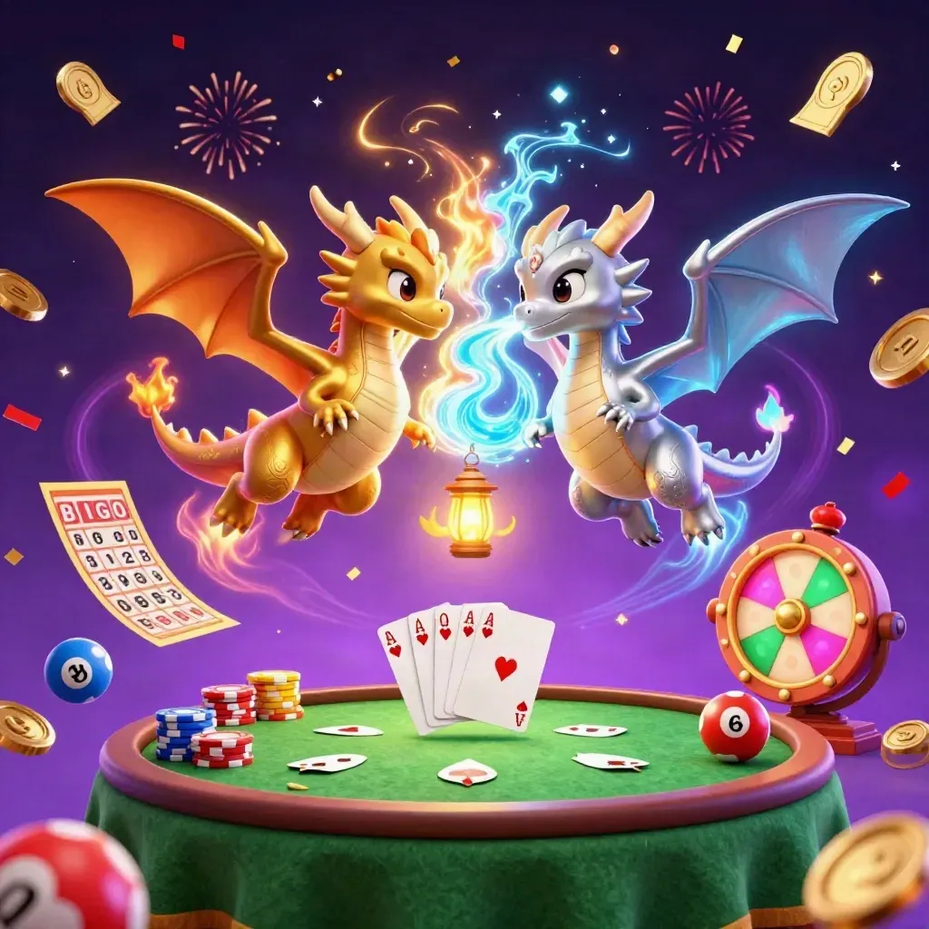 Gold and silver dragons swirl over poker chips, lottery balls, and fireworks in a dark casino fantasy scene.