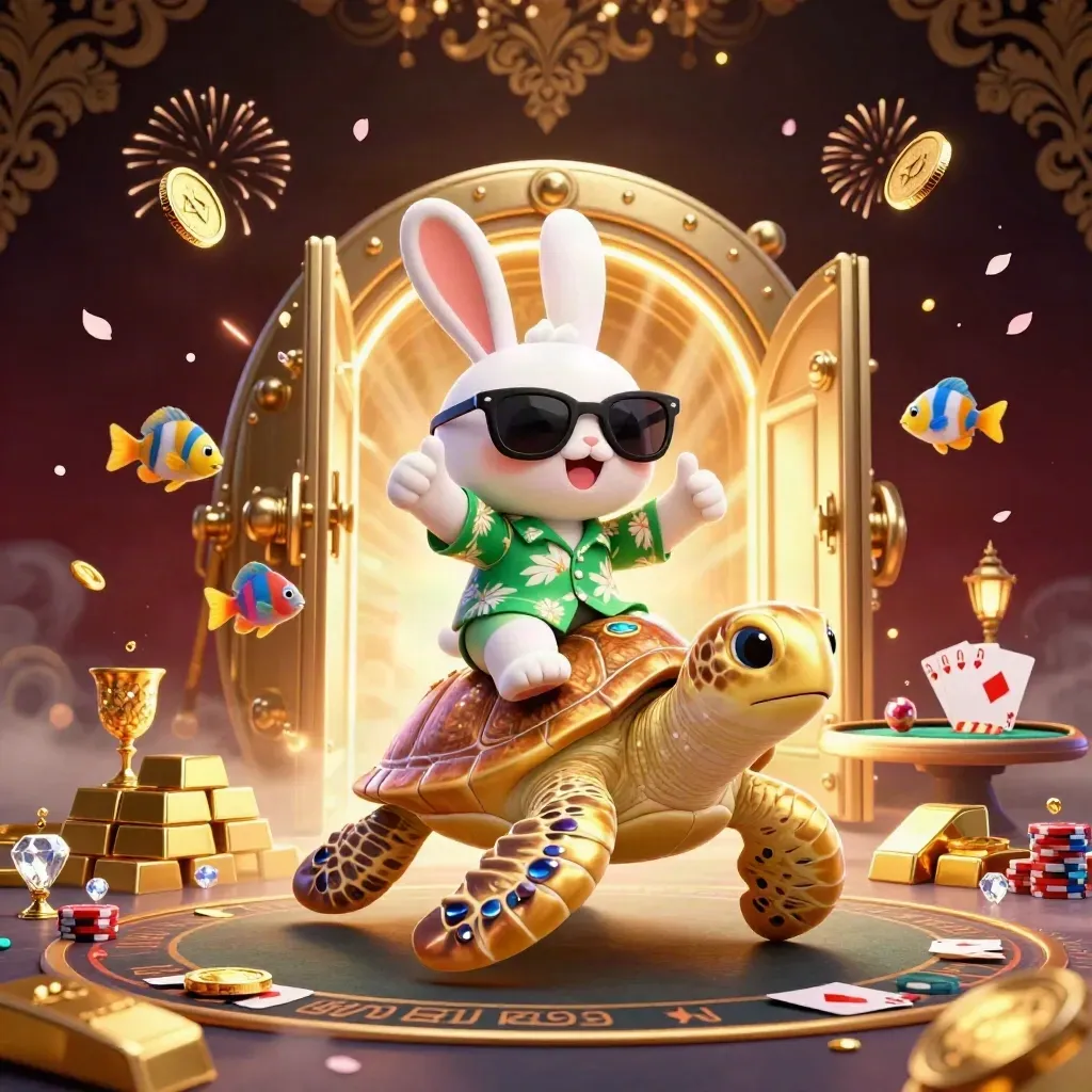 Lucky rabbit on jeweled sea turtle with vault blast, gold coins, poker chips, and fireworks.