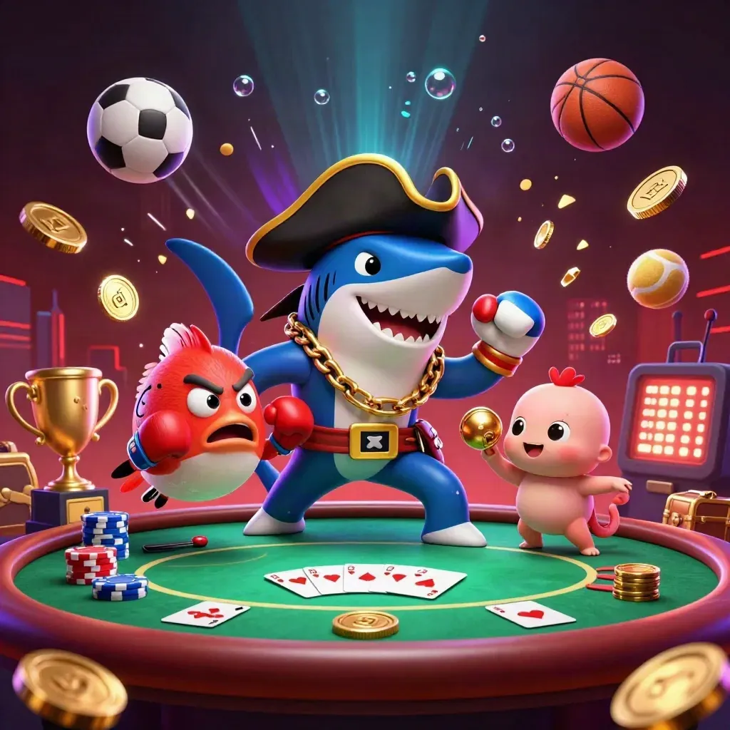Pirate shark, pufferfish, and octopus amid coins, chips, trophy, and neon casino effects