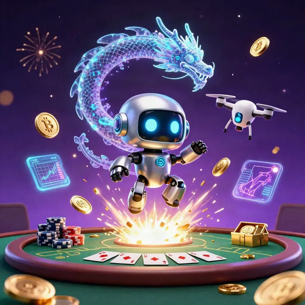 Robot mascot, AI dragon, and coin drone explode from a poker vault amid gold coins, chips, and neon crypto effects.