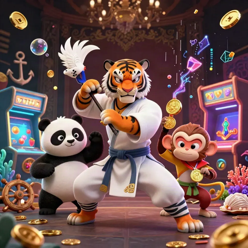 Tiger, panda, and monkey poker heroes amid coins, reels, treasure, and neon energy