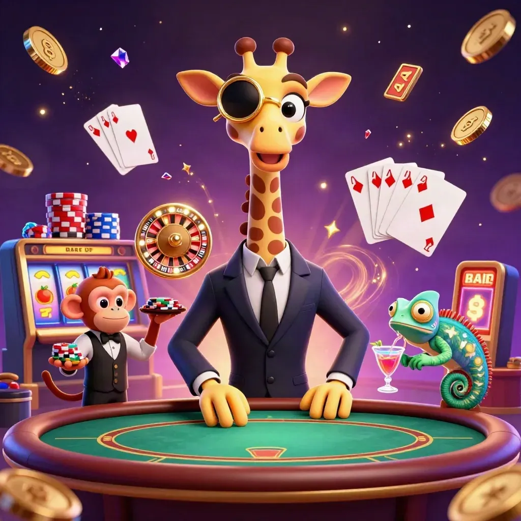Giraffe high roller, monkey valet, and chameleon bartender amid chips, coins, cards, and casino glow.