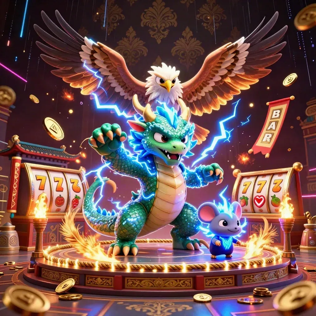 Thunder dragon, wind hawk, and static mouse amid casino relics and golden lightning.