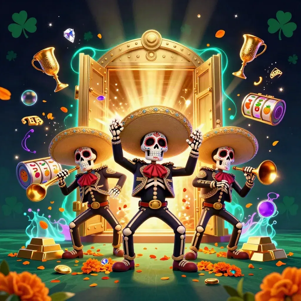 Day-of-the-Dead skeleton mariachi trio before an open golden vault, with gold, gems, reels, and glowing casino effects.