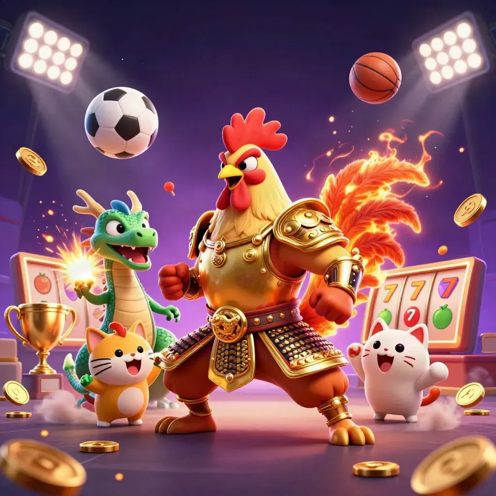 Rooster warrior, dragon hatchling, and fortune-cat amid casino bursts and glowing gold effects