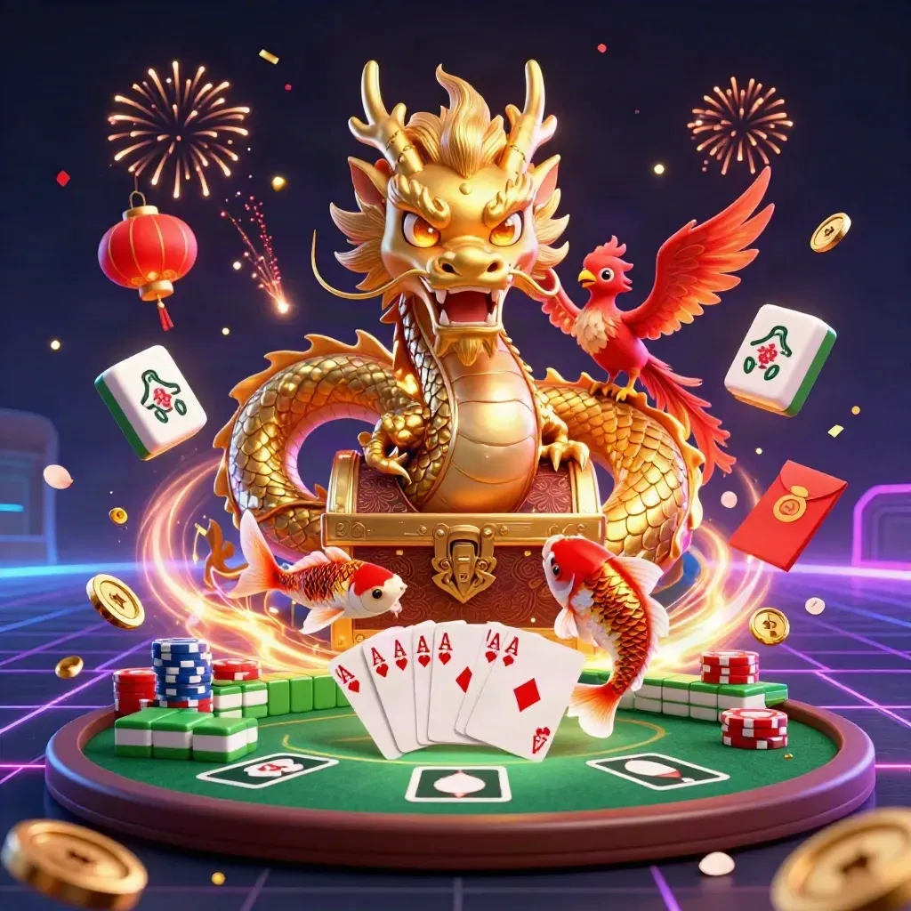 Golden dragon, phoenix, koi, poker chips and lucky casino effects on a dark neon background.