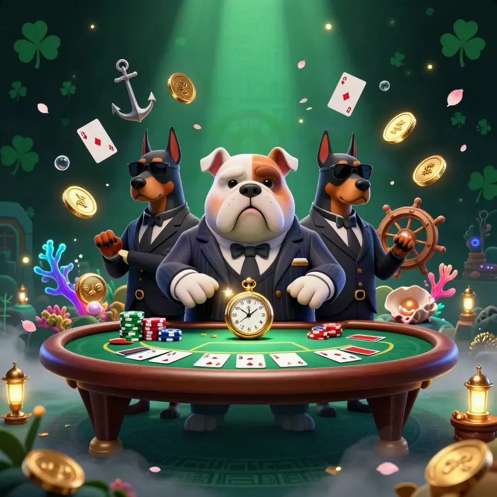 Bulldog boss and two Dobermans amid poker chips, coins, coral, and casino glow.