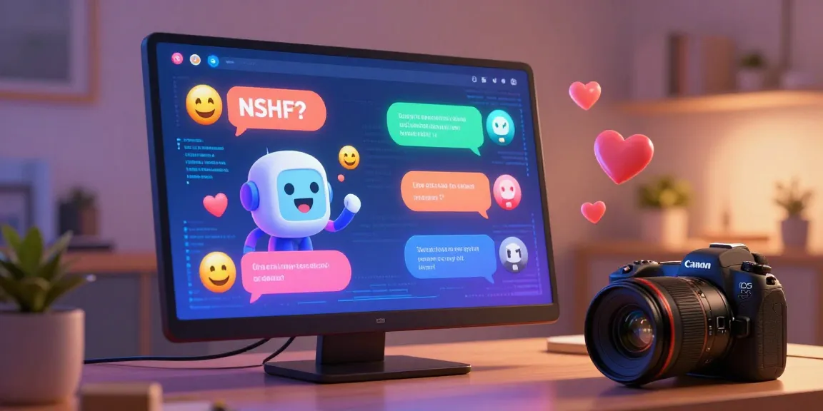 Interactive scene featuring a user chatting with an engaging NSFW chat bot in a cozy tech-themed environment, showcasing vibrant digital dialogue.