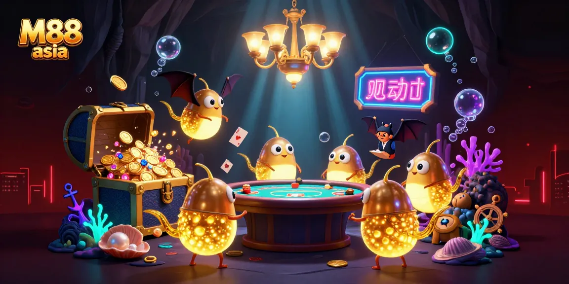 M88 asia illuminates the casino scene with glowworms, a bat dealer, and treasures for big wins.