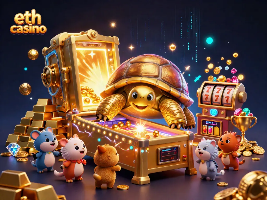 Experience excitement at the eth casino with a whimsical 3D scene of gaming and treasures.