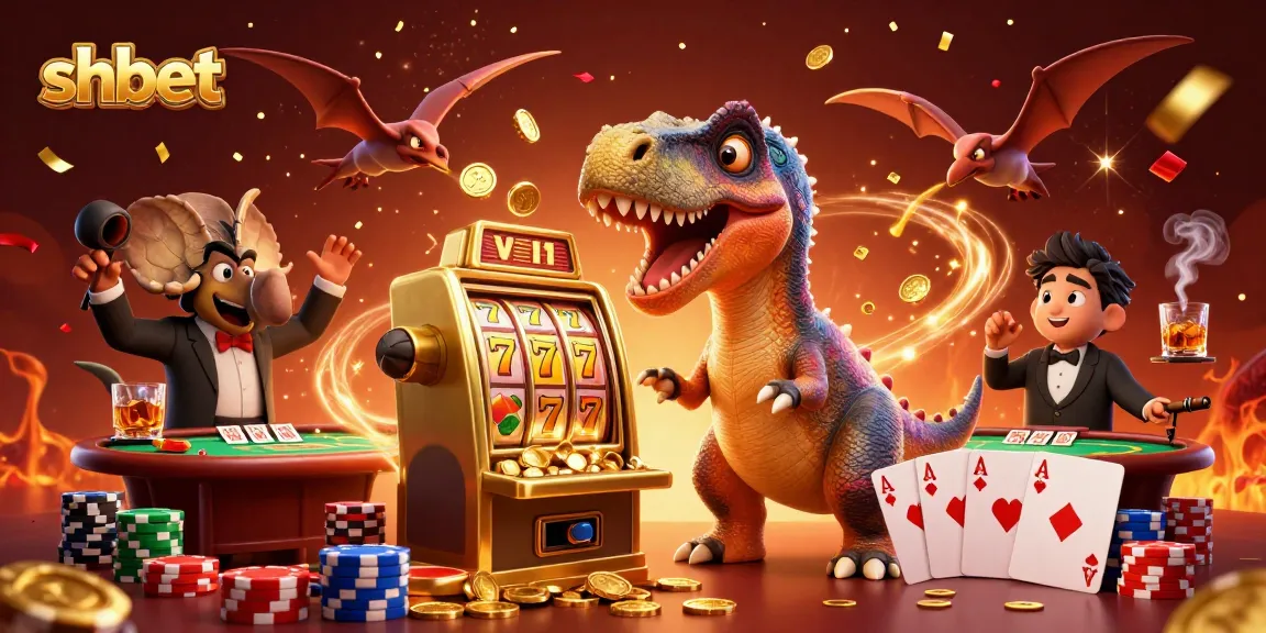 shbet showcases an exciting jackpot scene with cartoon dinosaurs and casino elements