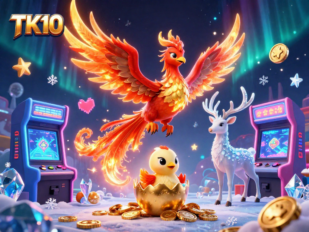 Engage in thrilling gameplay at TK10 with dynamic casino elements featuring a phoenix and a stag.