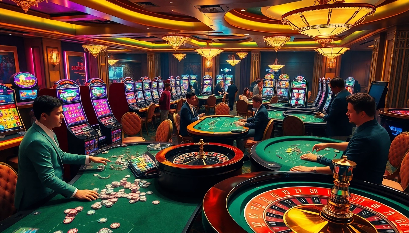Experience the thrill of KK55 gaming in a luxurious casino setting with engaging players and vibrant tables.