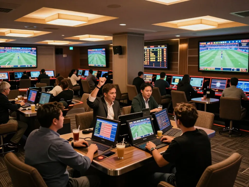 VN789 patrons enthusiastically placing sports bets in a modern casino lounge.