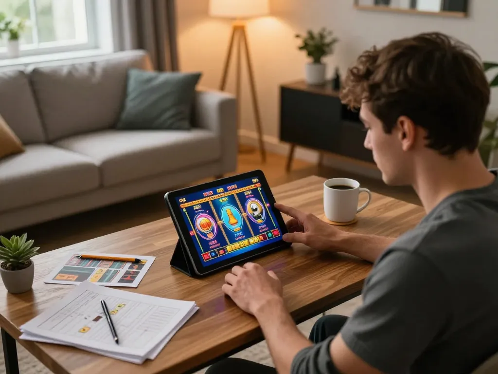 Engaged player enjoying an immersive gaming session on nk88 com, focused on a colorful slot game interface.