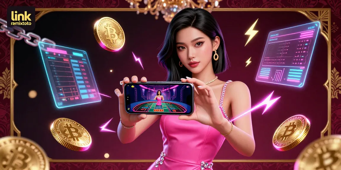 Engage with link remixtoto by exploring a stunning Asian woman holding a smartphone showing live dealer games.
